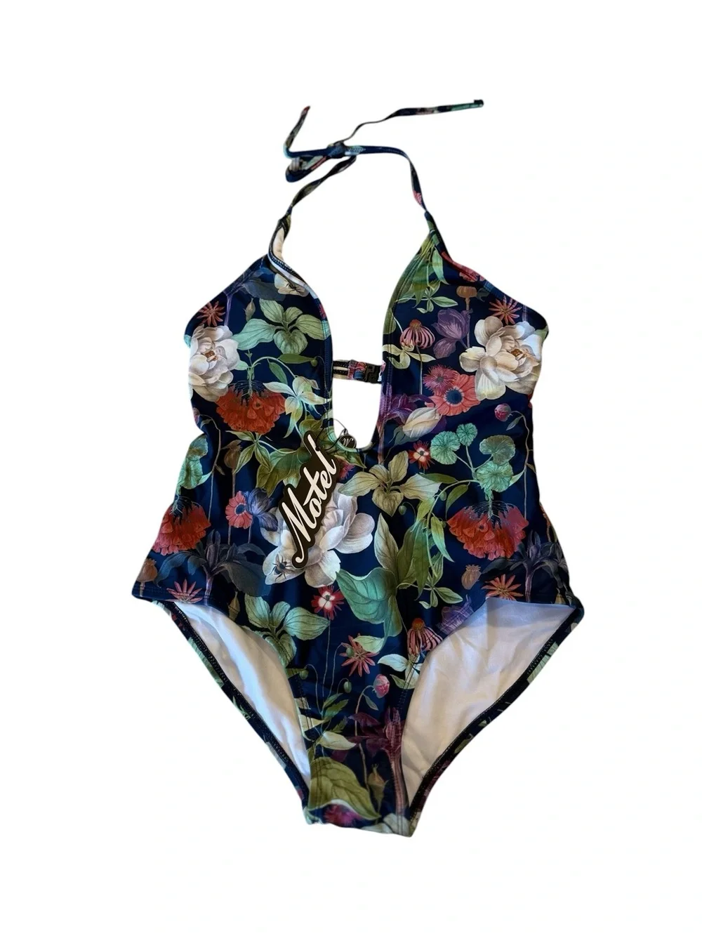 Motel Rocks x UO Sunny Day Navy Botanical Floral Plunge One Piece Swimsuit S New - Picture 7 of 16
